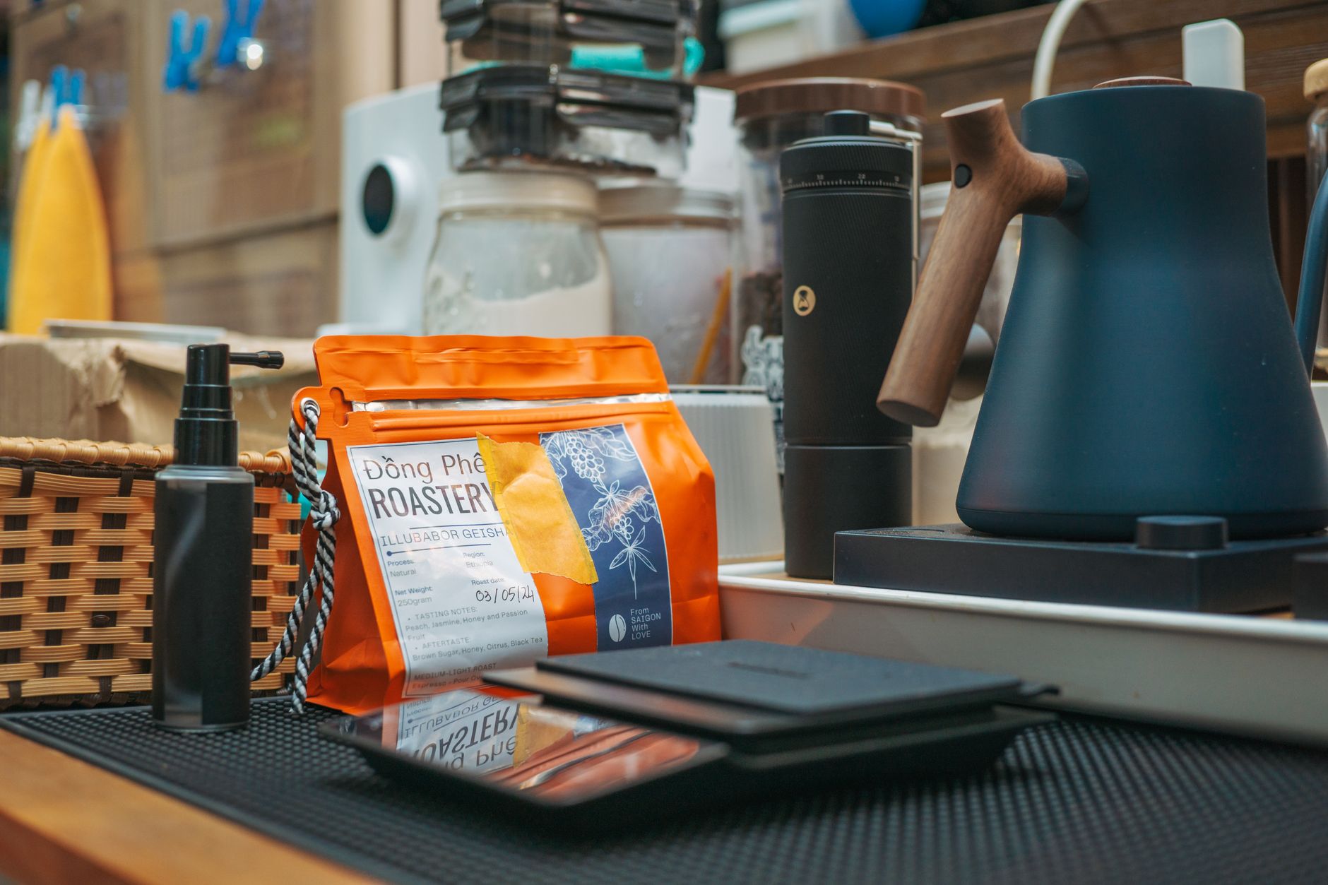 A stylish coffee brewing setup featuring specialty coffee and modern equipment.